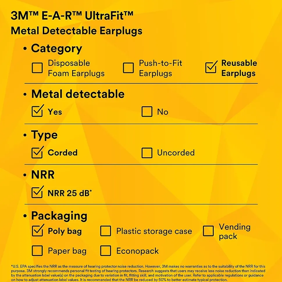 3M E-A-R UltraFit Earplugs, Metal Detectable, Corded, Poly Bag, 100 Pair/Case (340-4007)