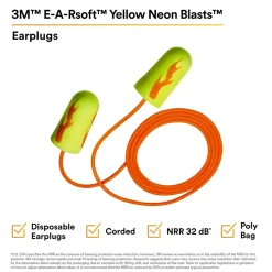 3M E-A-Rsoft Yellow Neon Blasts Earplugs, Corded, Poly Bag, Regular Size, 200 Pairs/Pack(311-1252)