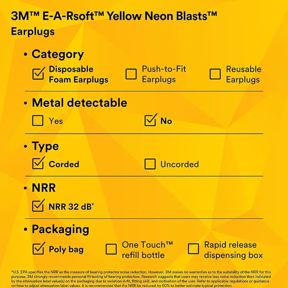 3M E-A-Rsoft Yellow Neon Blasts Earplugs, Corded, Poly Bag, Regular Size, 200 Pairs/Pack(311-1252)