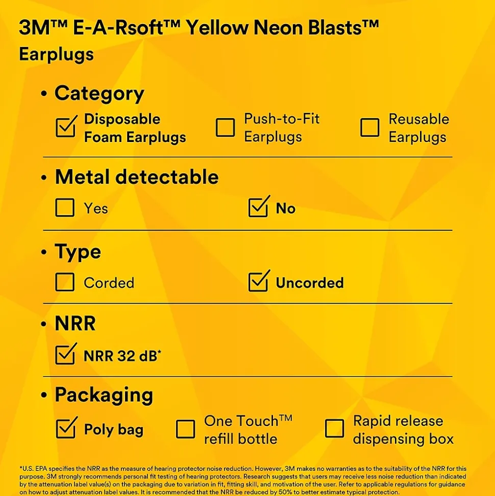 3M E-A-Rsoft Yellow Neon Blasts Earplugs, Uncorded, Poly Bag, Regular Size, 200 Pairs/Case (312-1252)