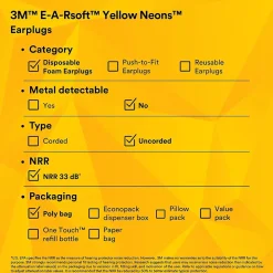 3M E-A-Rsoft Yellow Neons Earplugs 312-1250, Uncorded, Poly Bag, 200 Pairs/Case (312-1250)