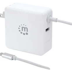 Manhattan Power Delivery Wall Charger with Built-in USB-C Cable, 60-Watts, White, (180245)