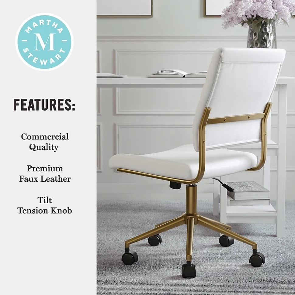 Martha Stewart Ivy Armless Faux Leather Swivel Office Chair, White/Polished Brass (CH2209211WHGLD)