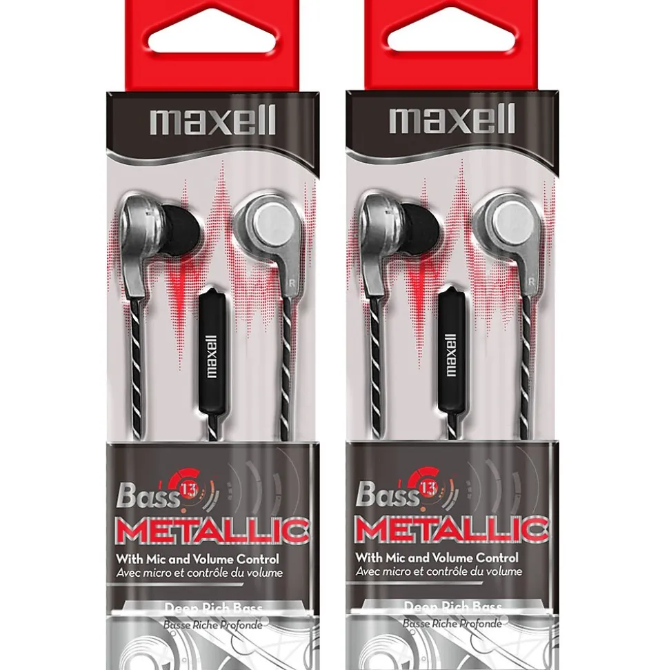 Maxell Bass13 Metallic Earbuds with Mic & Volume Control, Pack of 2 (MAX199600-2)