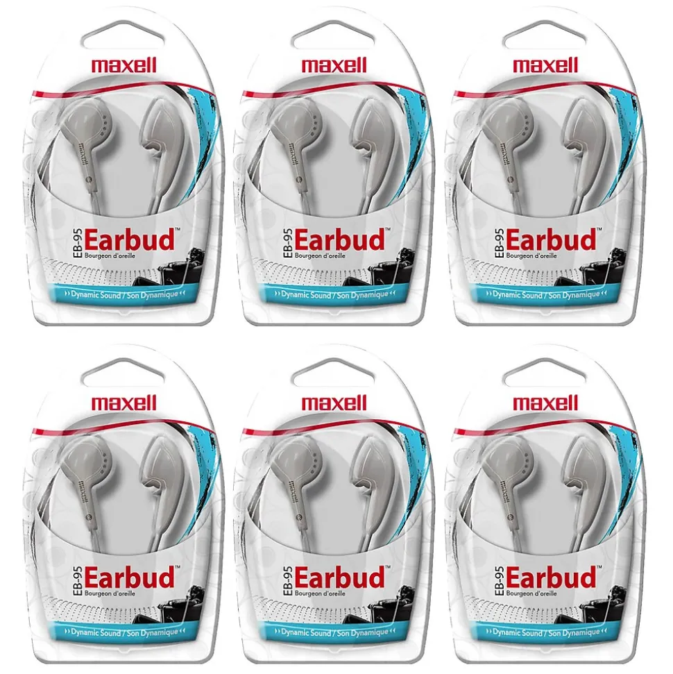 Maxell Budget Stereo Earbuds, White, 6/Pack (MAX190599-6)