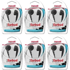 Maxell Budget Stereo Earbuds, Black, 6/Pack (MAX190560-6)