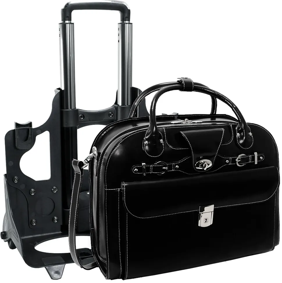 McKlein W Series, ROSEVILLE, Genuine Cowhide Leather, Checkpoint-Friendly Detachable Wheeled Laptop Briefcase, Black (96645)