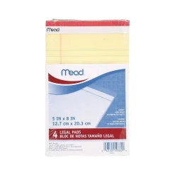 Mead Notepad, 5" x 8", Wide-Ruled, Canary, 50 Sheets/Pad, 4 Pads/Pack (59382)