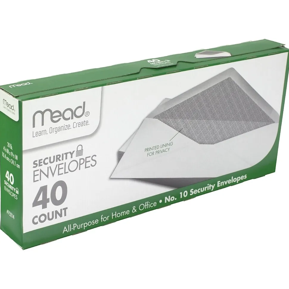 Mead Security Tinted #10 Business Envelopes, 4-1/8" x 9-1/2", White, 40/Pack (75214)