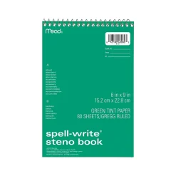 Mead Spell-Write Steno Pad, 6" x 9", Gregg-Ruled, Assorted Colors, 80 Sheets/Pad (43080)