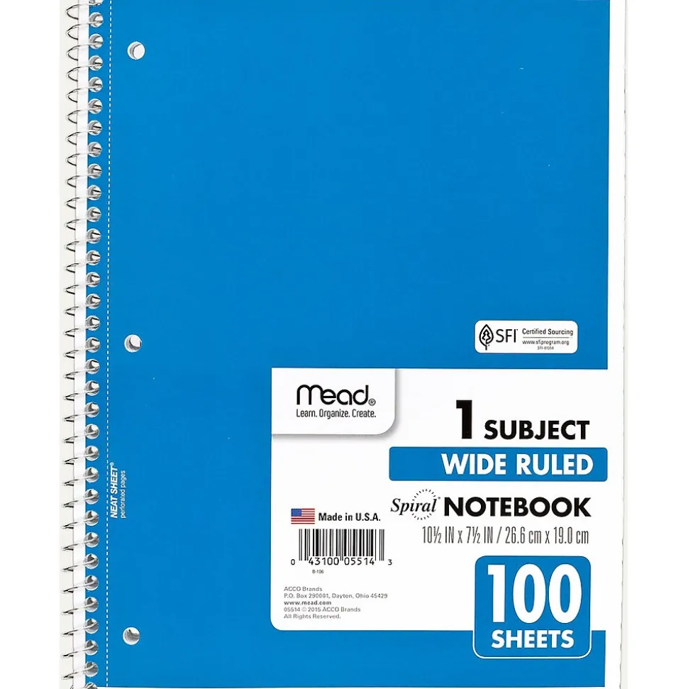Mead Spiral 1-Subject Notebook, 8" x 10.5", Wide Ruled, 100 Sheets (MEA05514)