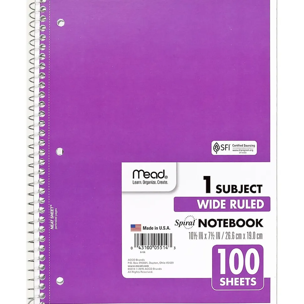 Mead Spiral 1-Subject Notebook, 8" x 10.5", Wide Ruled, 100 Sheets (MEA05514)