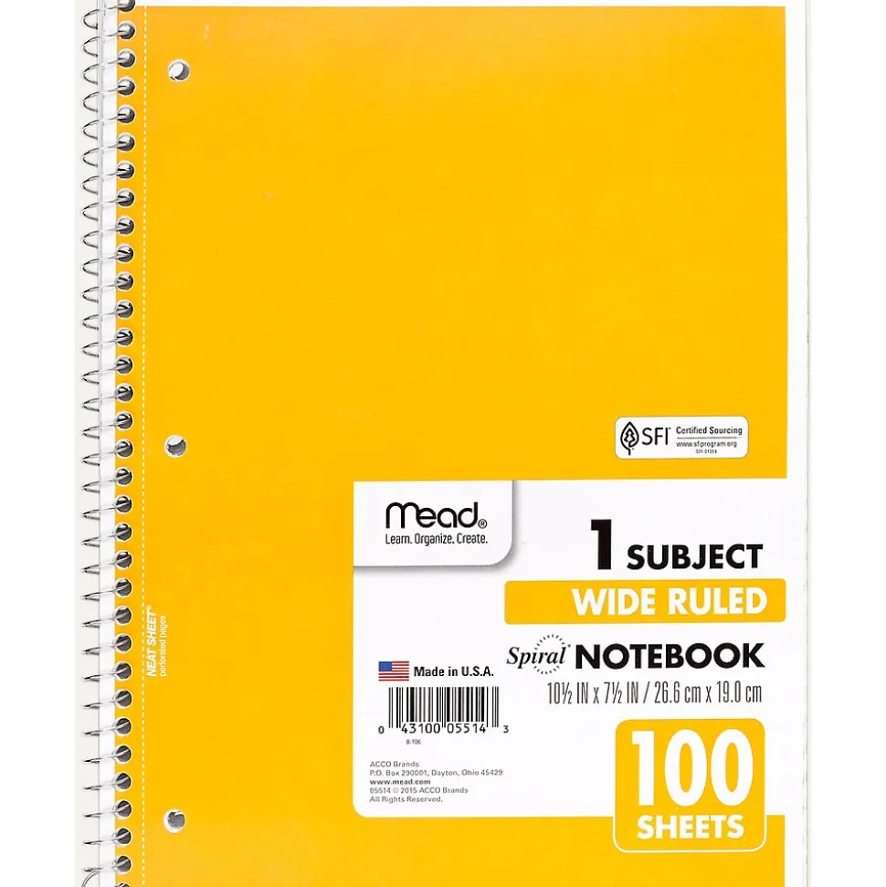 Mead Spiral 1-Subject Notebook, 8" x 10.5", Wide Ruled, 100 Sheets (MEA05514)
