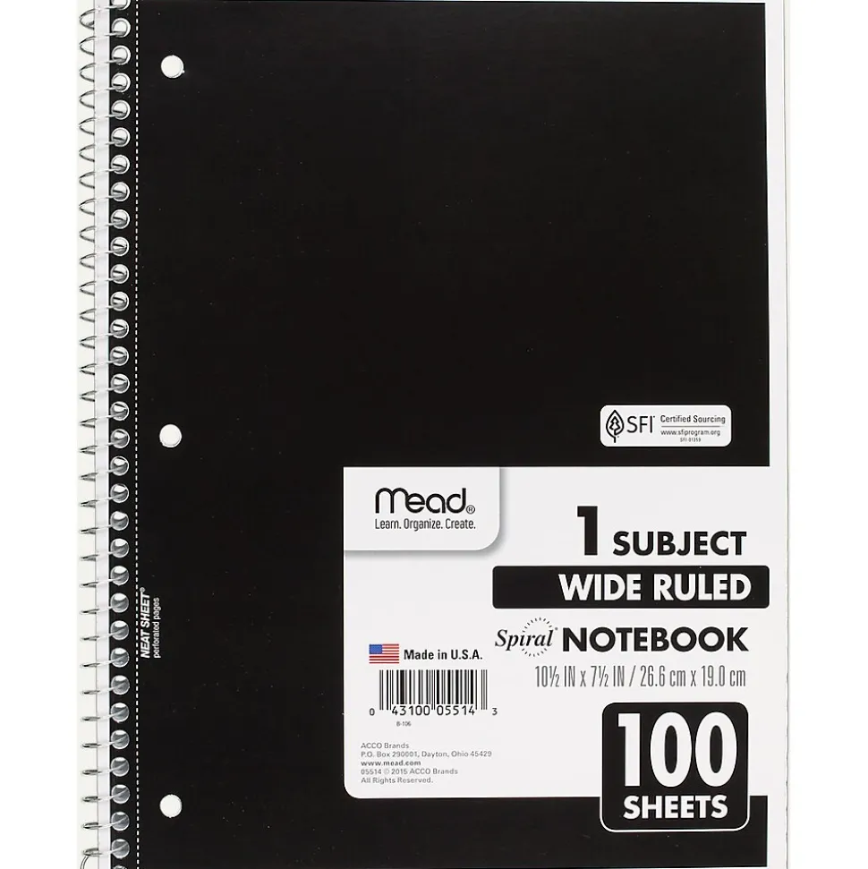 Mead Spiral 1-Subject Notebook, 8" x 10.5", Wide Ruled, 100 Sheets (MEA05514)