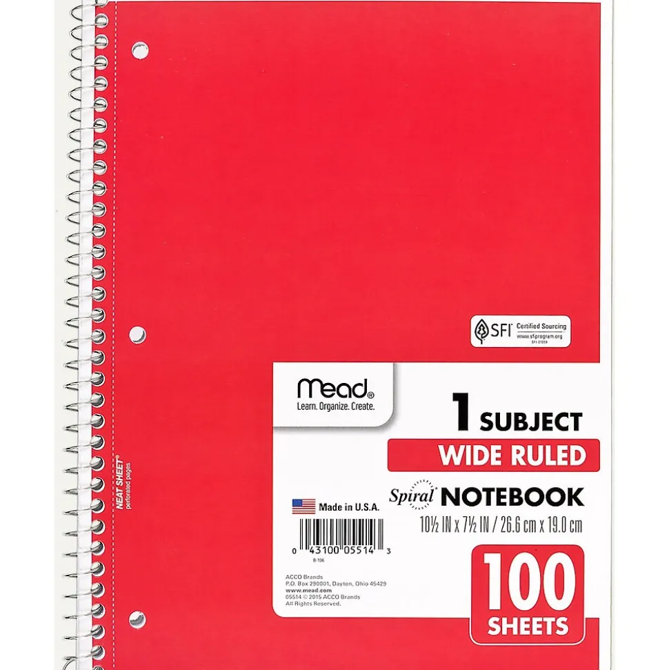 Mead Spiral 1-Subject Notebook, 8" x 10.5", Wide Ruled, 100 Sheets (MEA05514)