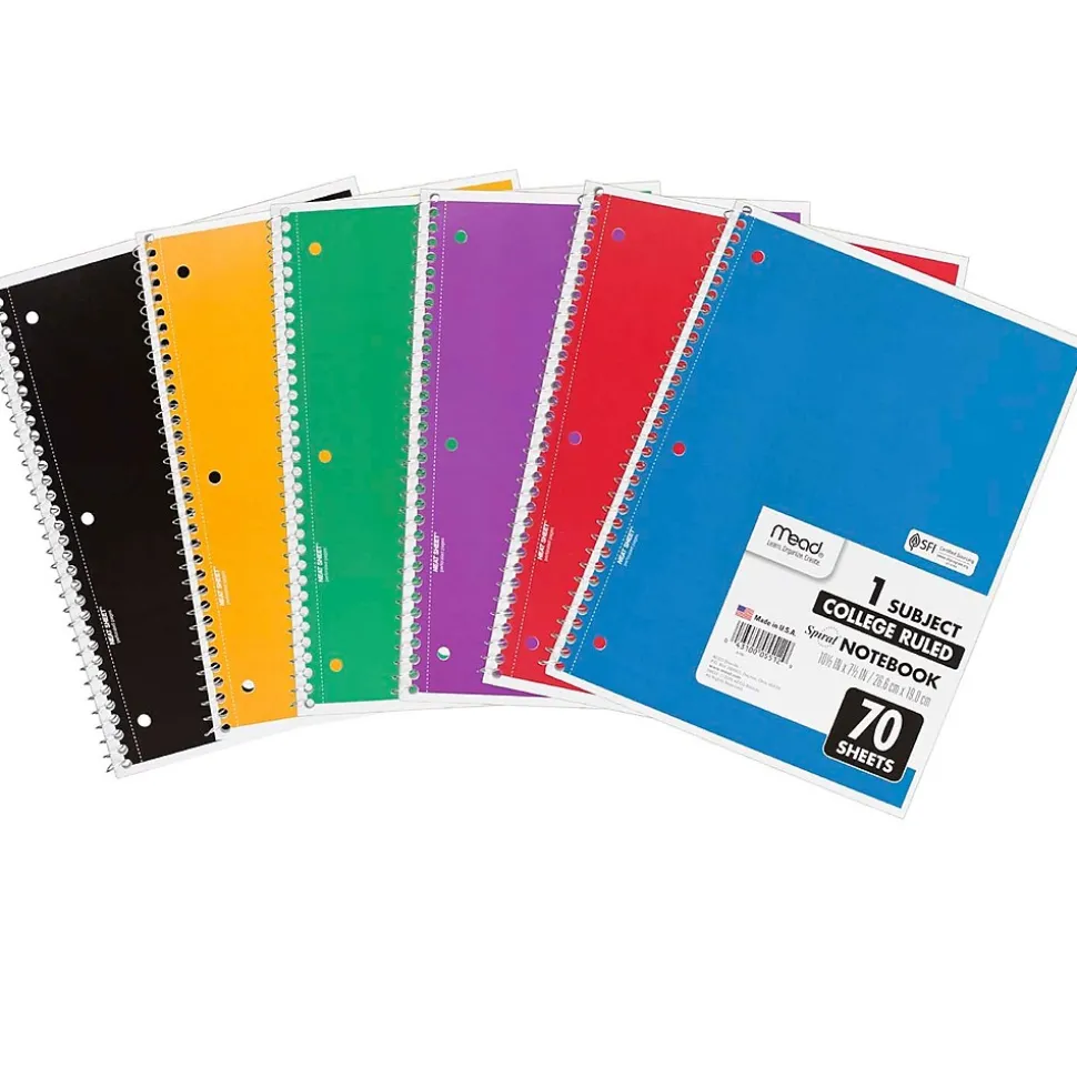 Mead 1-Subject Notebooks, 8" x 10.5", College Ruled, 70 Sheets, Assorted Colors, 6/Bundle (MEA05512-6)