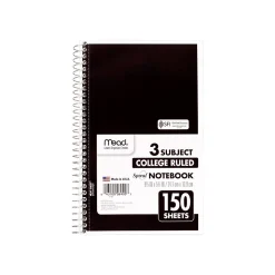 Mead 3-Subject Notebooks, 6" x 9.5", College Ruled, 150 Sheets, Assorted Colors, 12/Carton (06900CT)