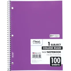 Mead 1-Subject Notebooks, 8" x 11", College Ruled, 100 Sheets, Each (6622)