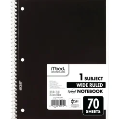 Mead 1-Subject Notebooks, 8" x 10.5", Wide Ruled, 70 Sheets, Each (05510)
