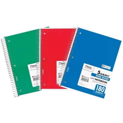 Mead 5-Subject Subject Notebooks, 8" x 10.5", Wide Ruled, 180 Sheets, Assorted Colors, 3/Bundle (MEA05680-3)