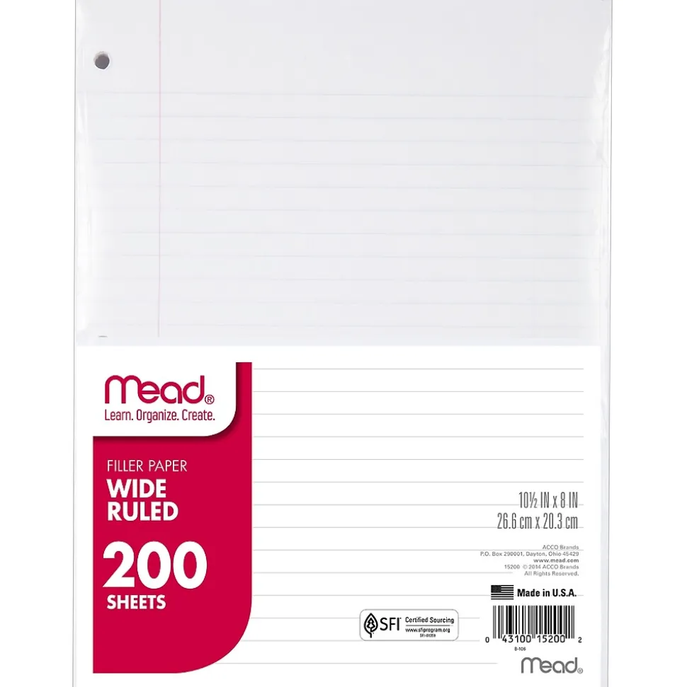 Mead Wide Ruled Filler Paper, 10.5 x 8", White, 200 Sheets/Pack, 3 Packs (MEA15200-3)