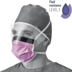 Medline Disposabe ASTM Level 3 Surgical Face Masks with Eyeshield and Ties, Purple/ White, 100/Pack (NON27710)