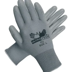 Memphis Gloves® UltraTech® Coated Gloves, Polyurethane, Hemmed Cuff, L Size, Grey, 12 Pairs