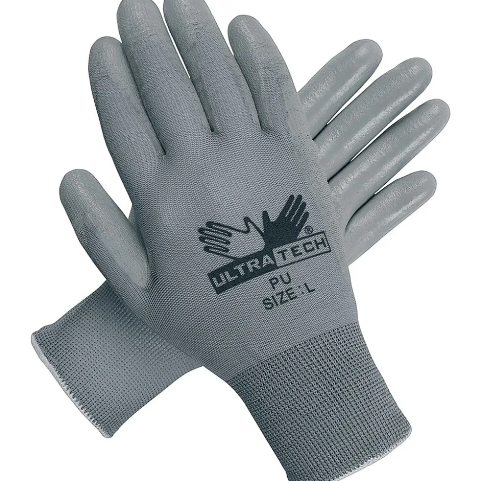 Memphis Gloves® UltraTech® Coated Gloves, Polyurethane, Hemmed Cuff, L Size, Grey, 12 Pairs