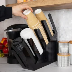 Mind Reader 4-Compartment Acrylic Cup and Lid Dispenser Coffee Countertop Organizer, Black (4ACUPHOLD-BLK)