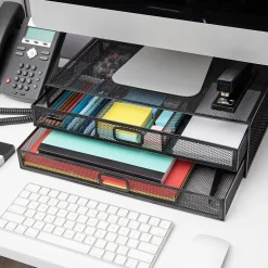 Mind Reader Monitor Stand Laptop Riser with Storage Drawer, Black (2TDMESHY-BLK)