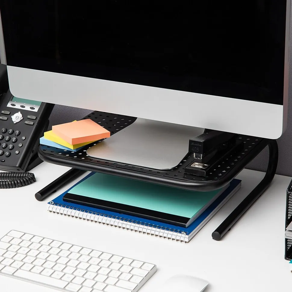 Mind Reader Ventilated Monitor Stand, Holds up to 44 lbs., Metal, Black, 2/Pack (2METMONST-BLK)