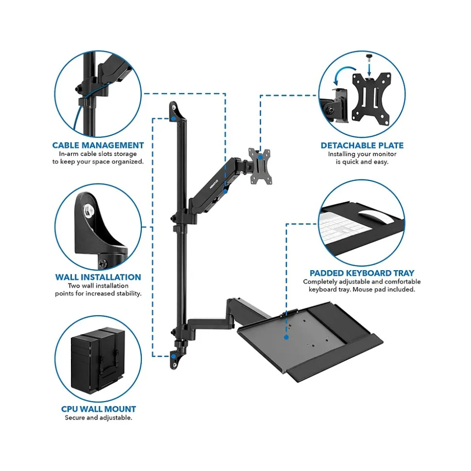 Mount-It! Adjustable Monitor Wall Mount Workstation, Up to 32", Black (MI-7991)