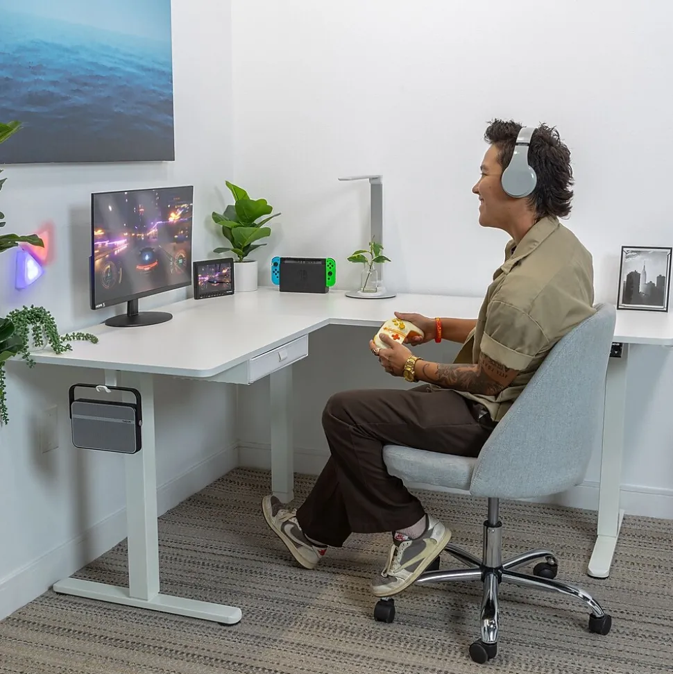 Mount-It! 63"W Electric L-Shaped Corner Adjustable Standing Desk, White/White (MI-15011)