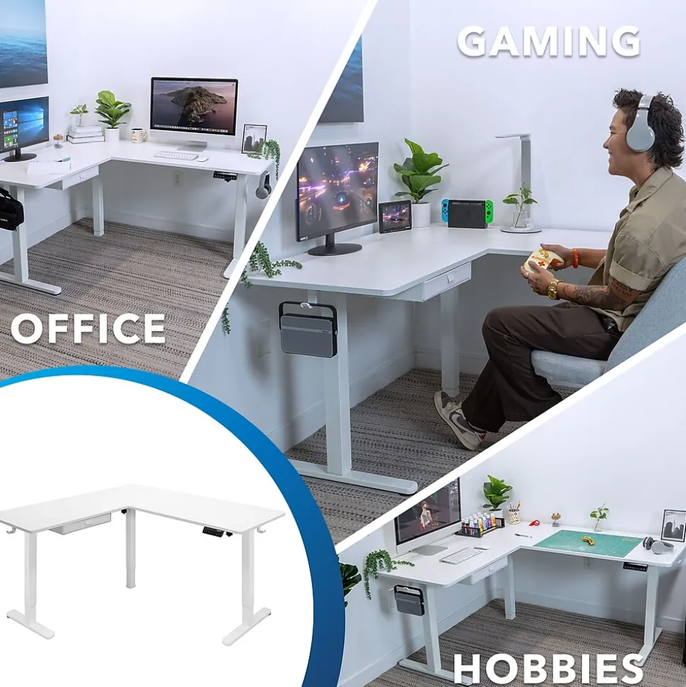 Mount-It! 63"W Electric L-Shaped Corner Adjustable Standing Desk, White/White (MI-15011)