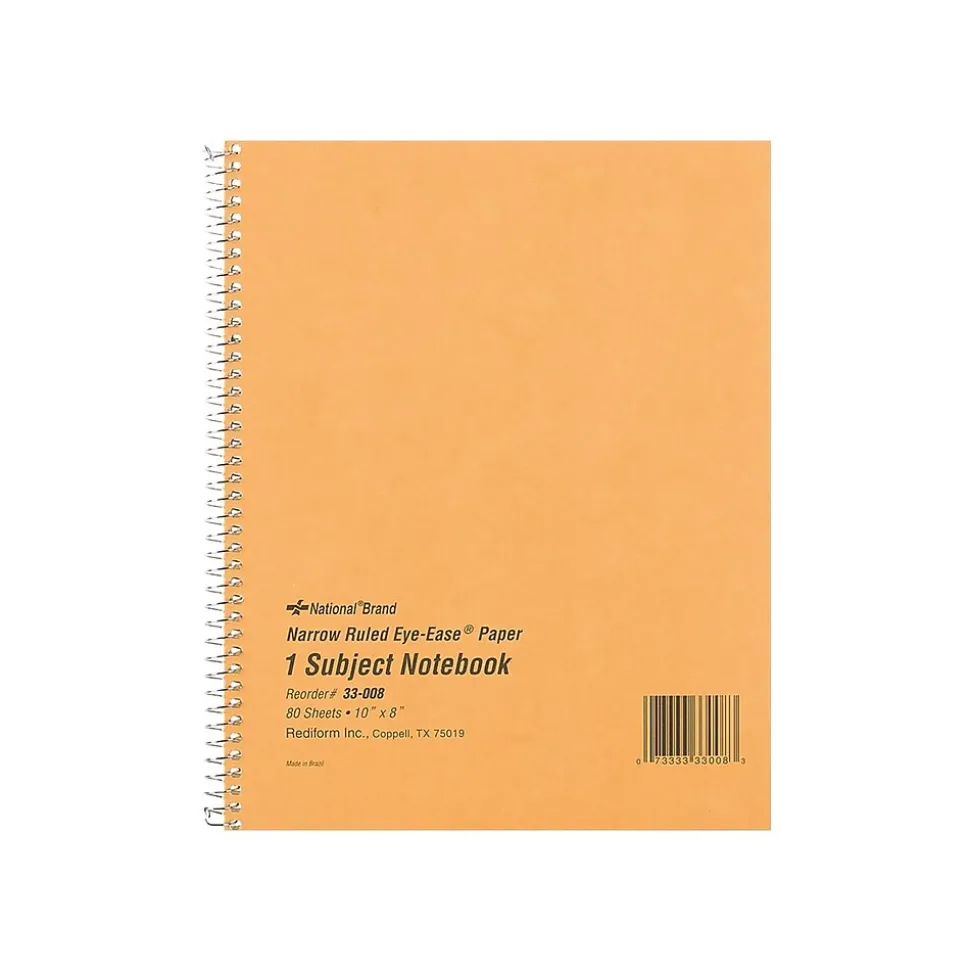 National Brand Brown Board Cover 1-Subject Notebooks, 8" x 10", Narrow Ruled, 80 Sheets, Brown (RED33008)