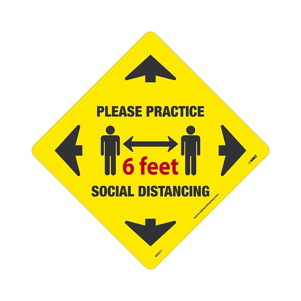 National Marker Walk-On™ Floor Decal, "Please Practice Social Distancing," 12" x 12", Yellow (WFS71)