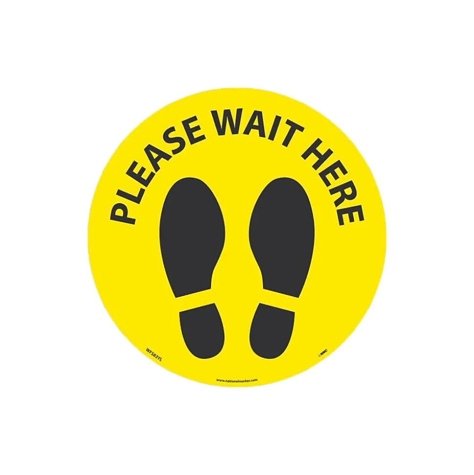 National Marker Walk-On™ Floor Decal, "Please Wait Here," 8", Yellow/Black (WFS83YL)