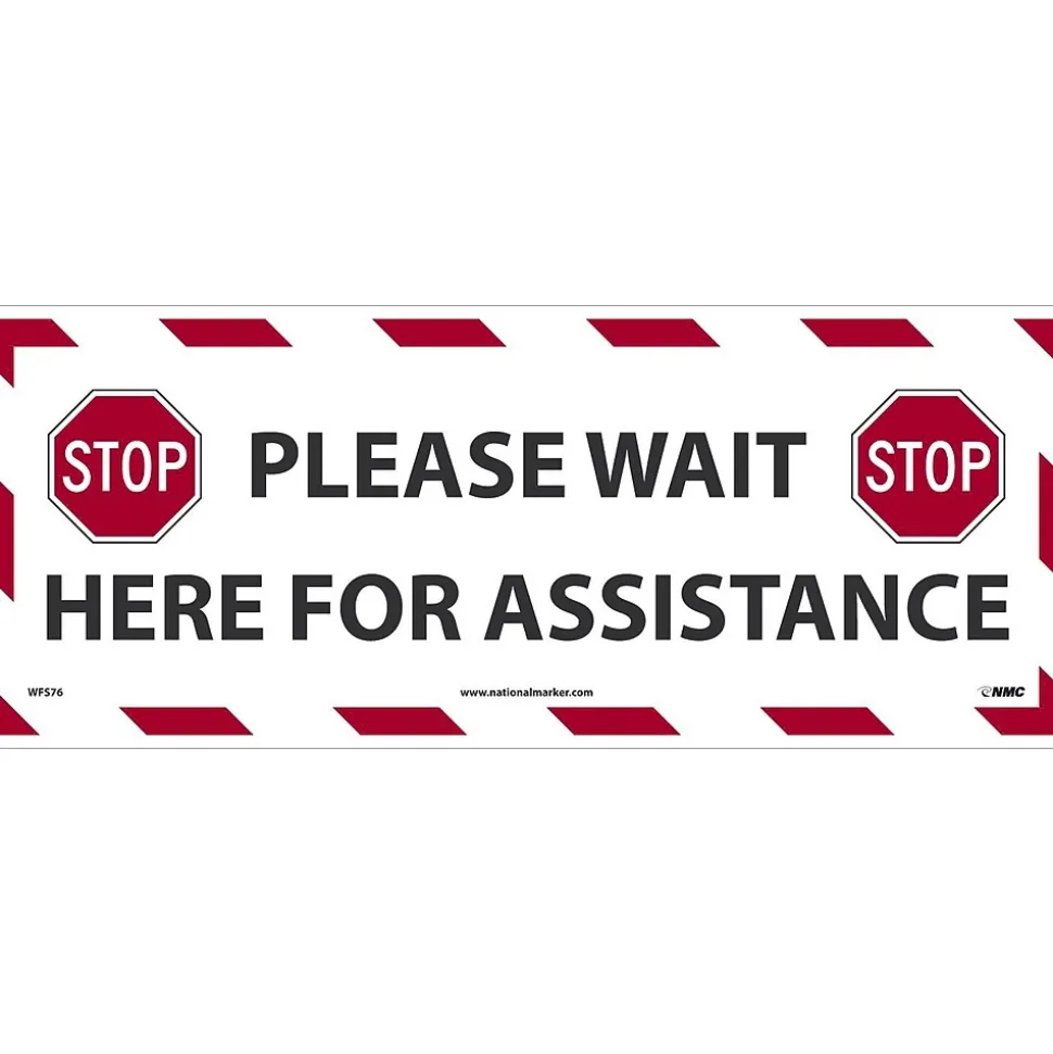 National Marker Walk-On™ Floor Decal, "Please Wait Here for Assistance," 8" x 20", White/Red/Black (WFS76)