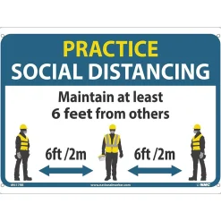 National Marker Wall Sign, "Practice Social Distancing," Plastic, 10" x 14", Blue/White/Yellow (M619RB)