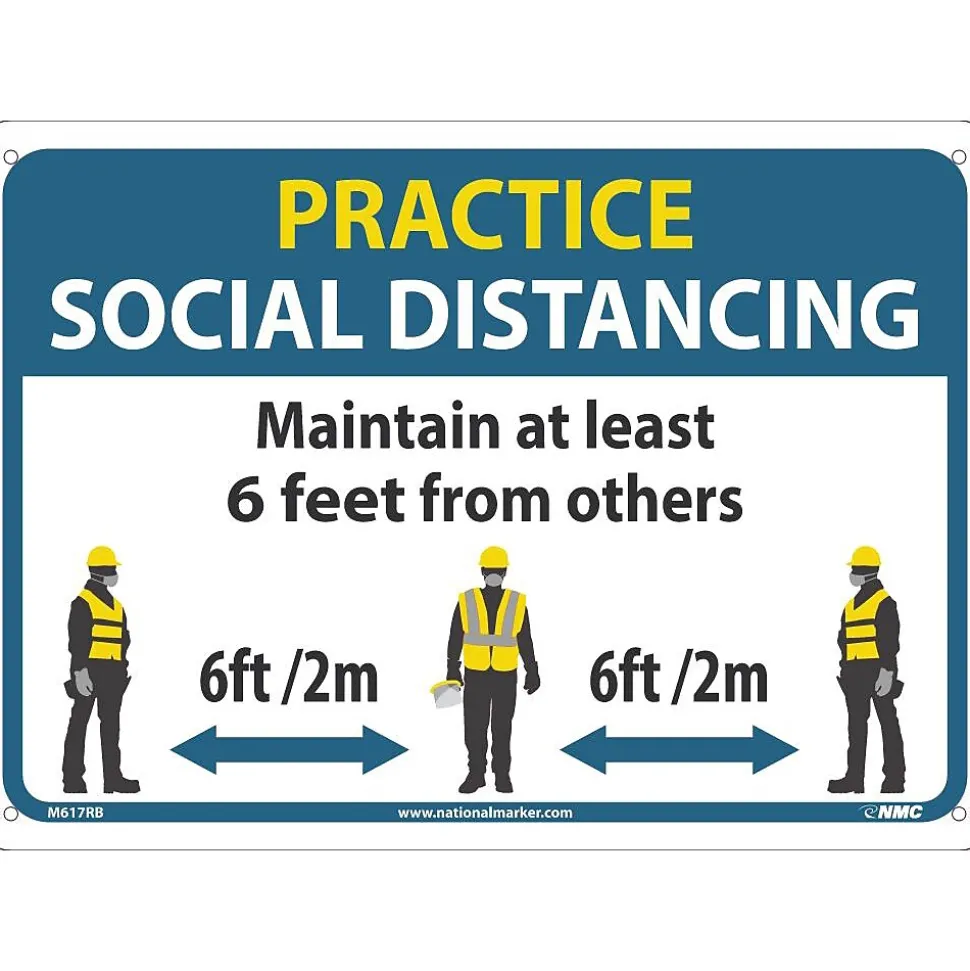 National Marker Wall Sign, "Practice Social Distancing," Plastic, 10" x 14", Blue/White/Yellow (M619RB)