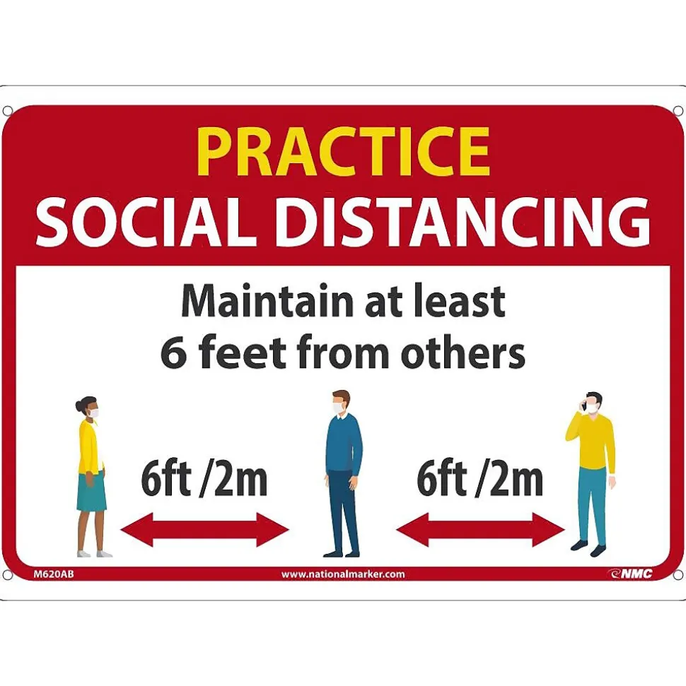 National Marker Wall Sign, "Practice Social Distancing," Aluminum, 10" x 14", Red/White/Yellow (M620AB)