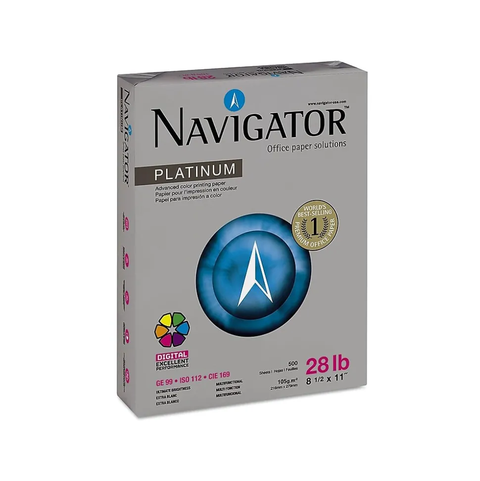 Navigator Platinum 8.5" x 11" Multipurpose Paper, 28 lbs., 99 Brightness, 500 Sheets/Ream (SNANPL1128)