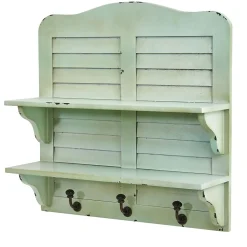 Nearly Natural 2-Shelf 20" Vintage Window Shutter Shelving with Hooks Wall Decor, Green (7034)