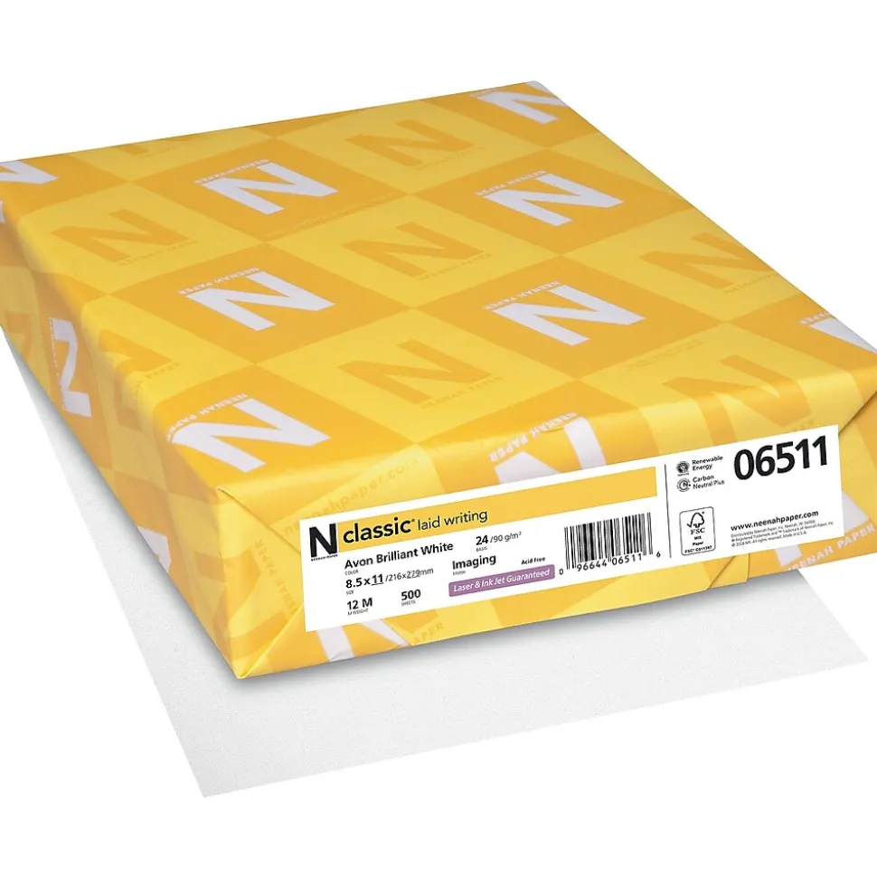 Neenah Paper Classic 8.5" x 11" Business Paper, 24 lbs., Avon Brilliant White with Laid Finish, 500 Sheets/Ream (06511)