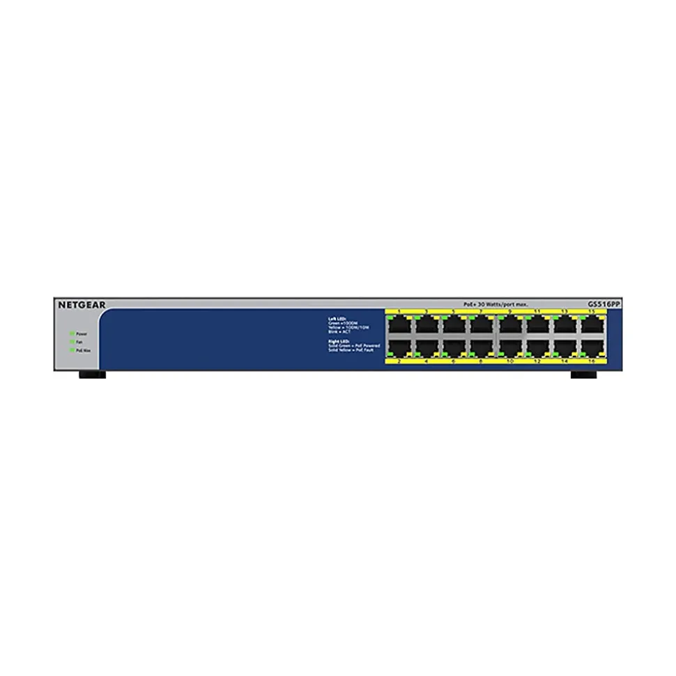 Netgear 16-Port Gigabit Ethernet Unmanaged Switch, 10/100/1000 Mbps, Black (GS516PP-100NAS)