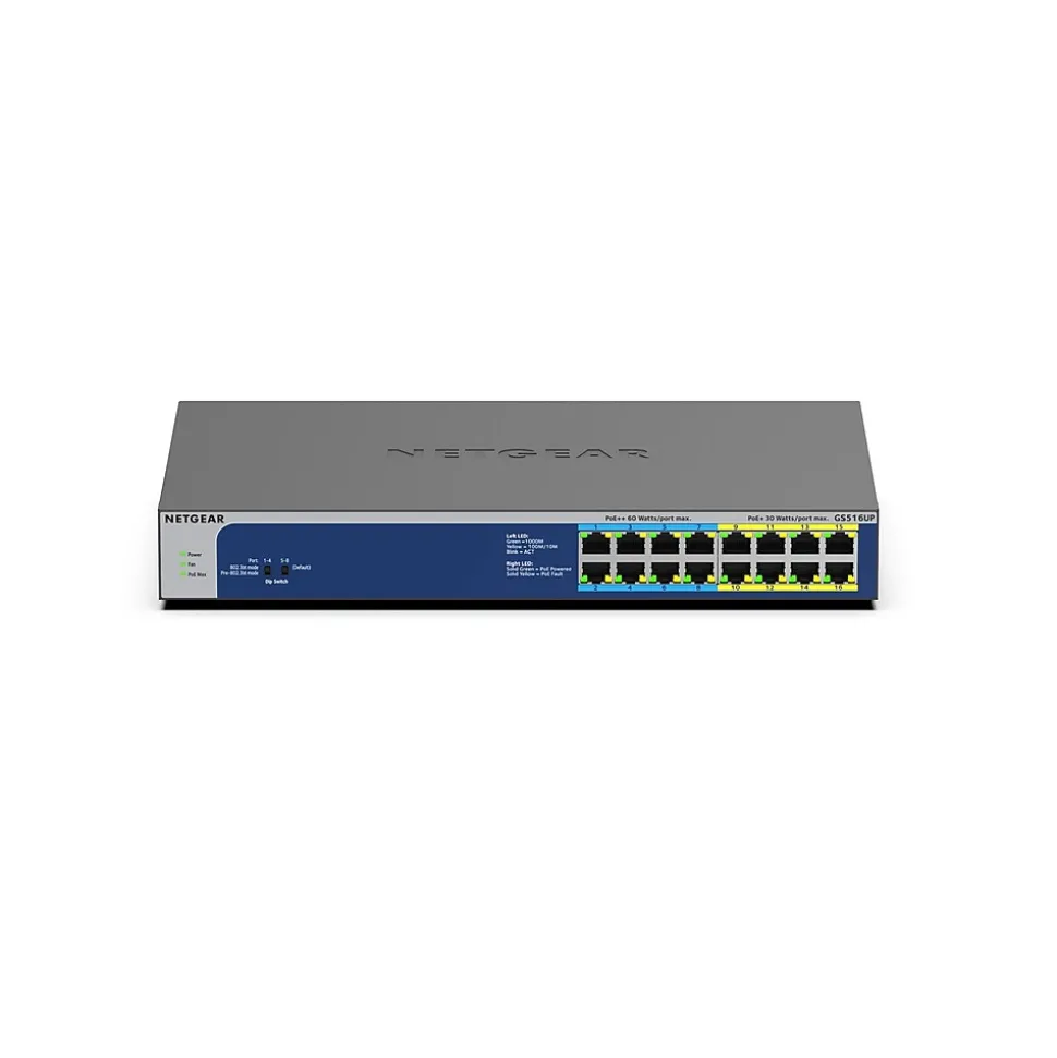 Netgear 16-Port Gigabit Ethernet PoE Unmanaged Switch, 10/100/1000 Mbps, Black/Blue (GS516UP-100NAS)