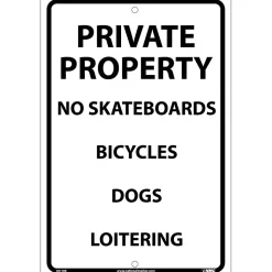 Notice Signs; Private Property No Skateboards Bicycles Dogs Loitering, 18X12, Rigid Plastic