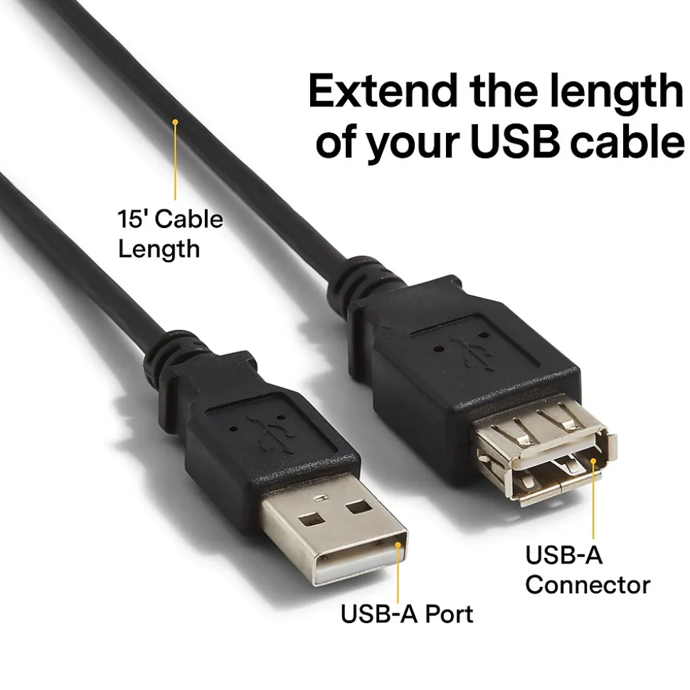 NXT Technologies™ 15' USB A to USB A Cable, Male to Female, Black (NX29741)