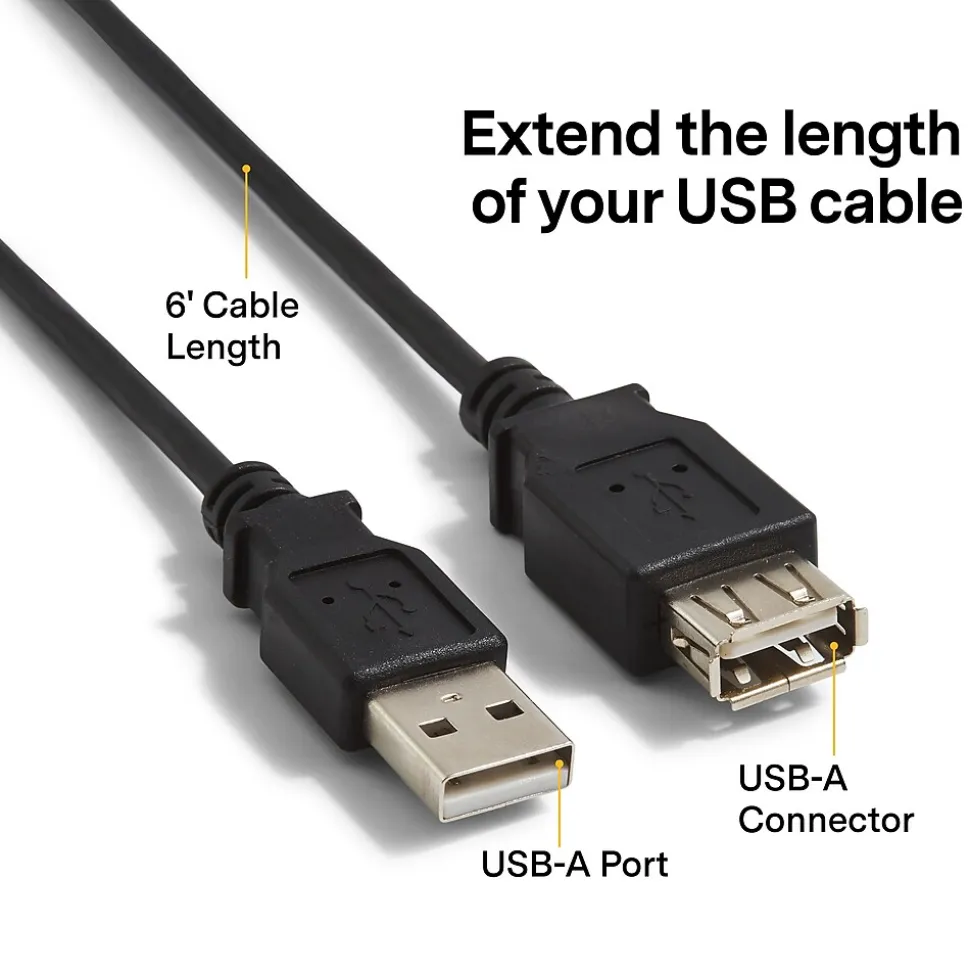 NXT Technologies™ 6' USB A to USB A Cable, Male to Female, Black (NX29753)
