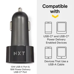 NXT Technologies™ Universal 2-Port USB-C and USB-A Car Charger, Black (NX54336)
